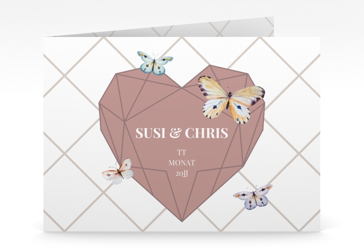 Hochzeitseinladung Butterfly mittlere Klappkarte quer weiss mit Schmetterlingen und Herz im Geometric Design