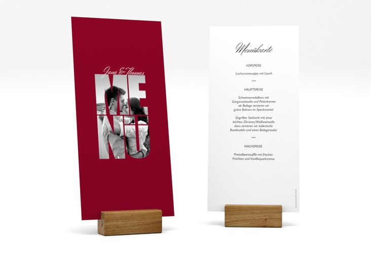 Menükarte Hochzeit Letters lange Karte hoch rot hochglanz
