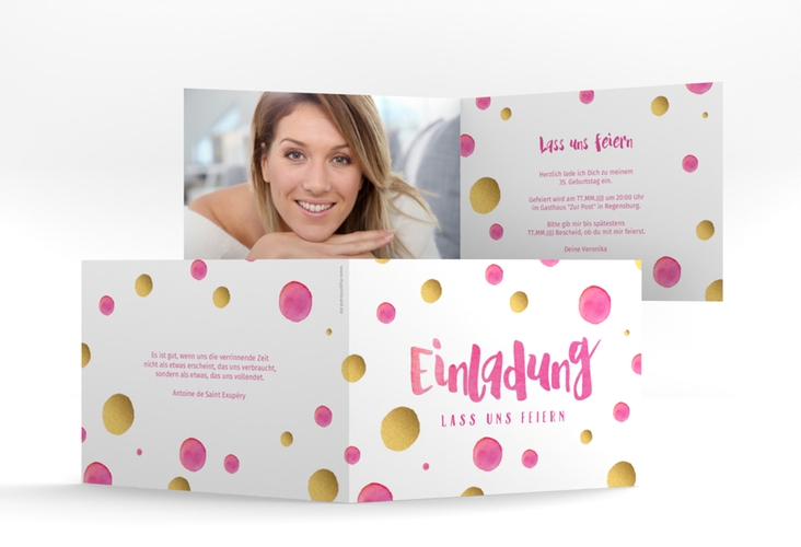 Einladung Geburtstag Dots A6 Klappkarte quer pink
