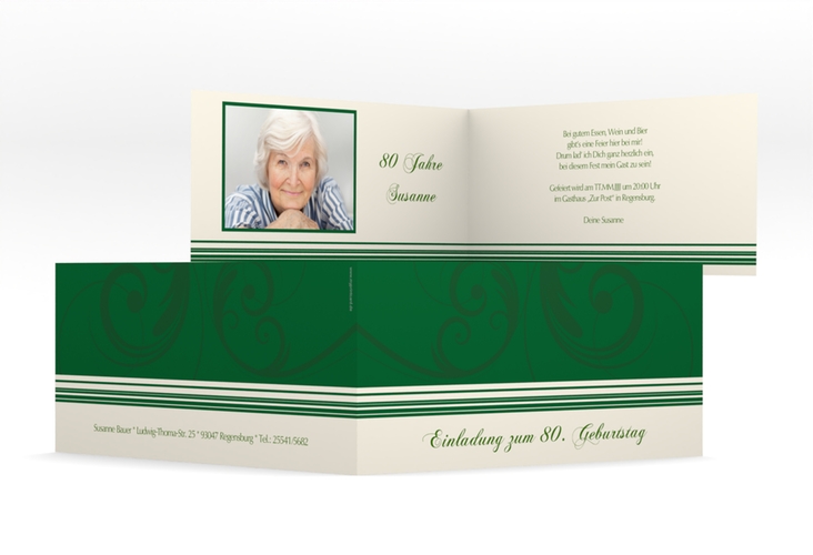 Einladung 80. Geburtstag Katharina lange Klappkarte quer gruen hochglanz