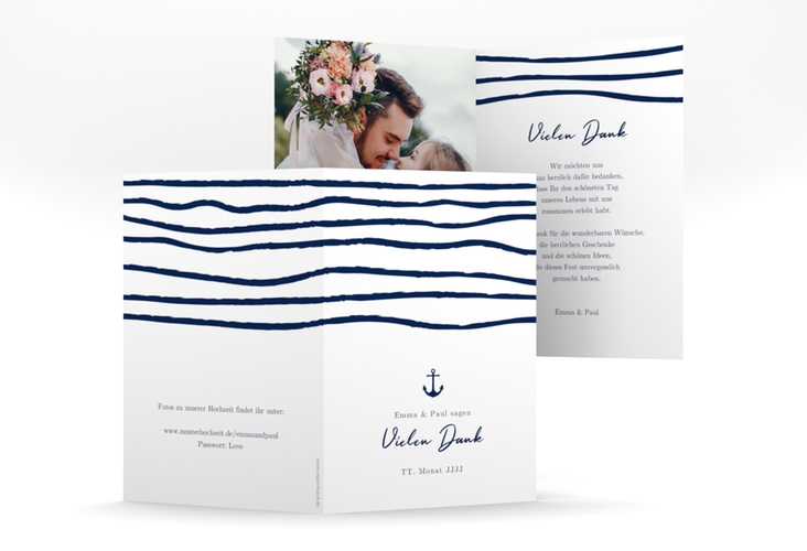 Danksagungskarte Liebesanker A6 Klappkarte hoch blau mit maritimem Streifenmuster und kleinem Anker