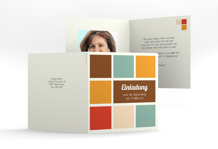 Einladung 50. Geburtstag Daniel/Daniela quadr. Klappkarte hochglanz in Retro-Farben