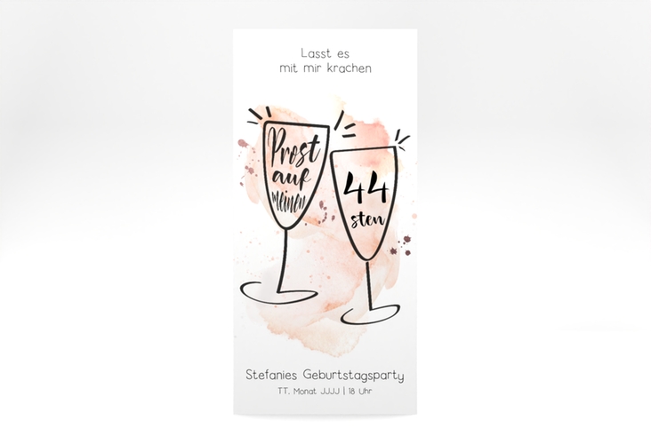 Einladung Geburtstag Sektgläser lange Karte hoch mit zwei Champagner-Gläsern auf Aquarell-Hintergrund