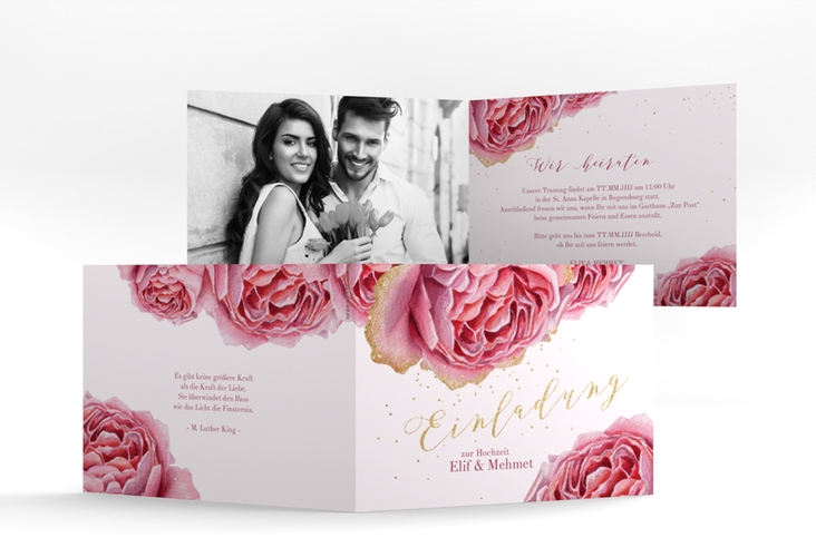 Hochzeitseinladung Cherie A6 Klappkarte quer rosa hochglanz