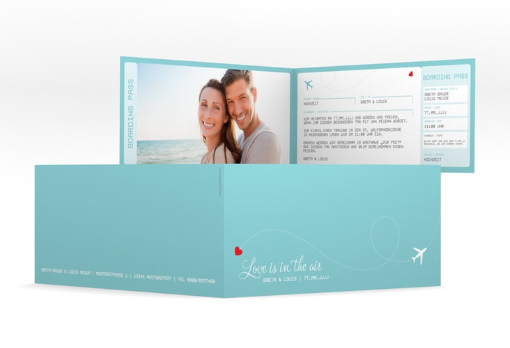 Hochzeitseinladung Weddingpass lange Klappkarte quer blau