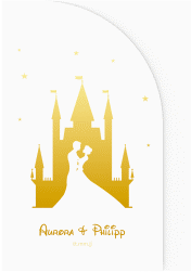 Klick: Details zu Hochzeitseinladung "Castle" anzeigen Hochzeitseinladung Castle mittlere Bogen-Wickelfalzkarte gold