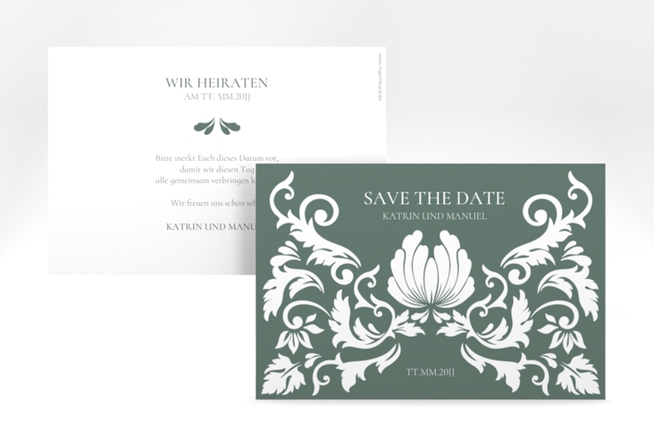 Save the Date-Karte Royal A6 Karte quer gruen hochglanz mit barockem Blumen-Ornament