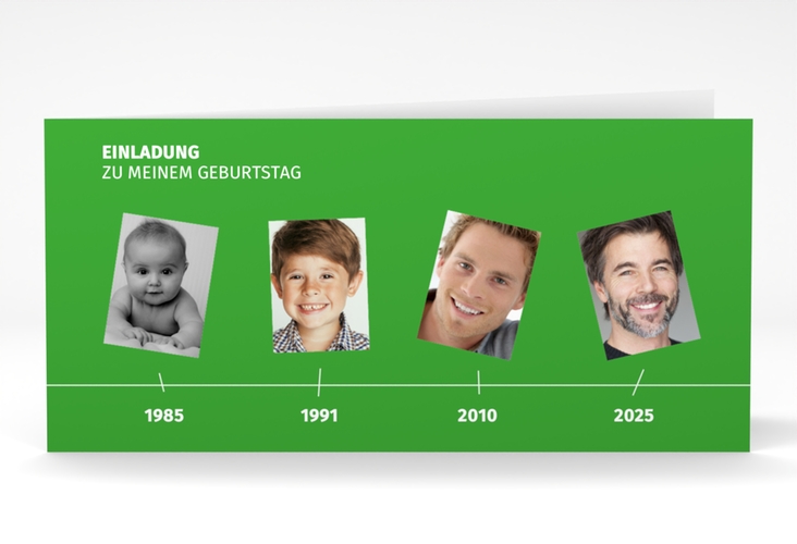 Einladung 40. Geburtstag Timeline lange Klappkarte quer gruen