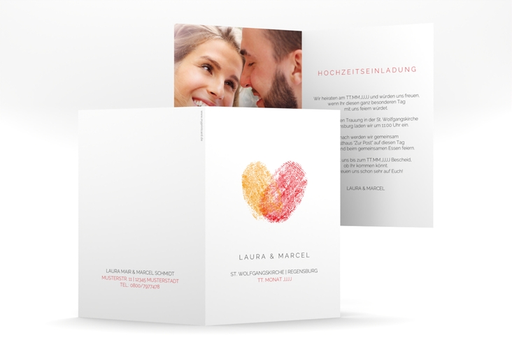 Einladungskarte Hochzeit Fingerprint A6 Klappkarte hoch rot hochglanz schlicht mit Fingerabdruck-Motiv