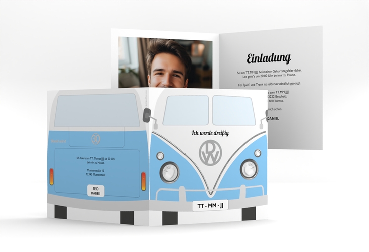 Einladung 30. Geburtstag Bulli Bus quadr. Klappkarte