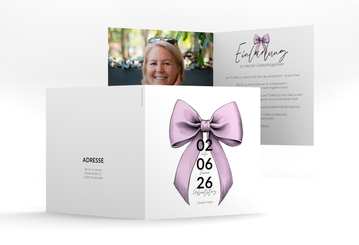 Einladung 60. Geburtstag Geburtstagsschleife quadr. Klappkarte rosa hochglanz