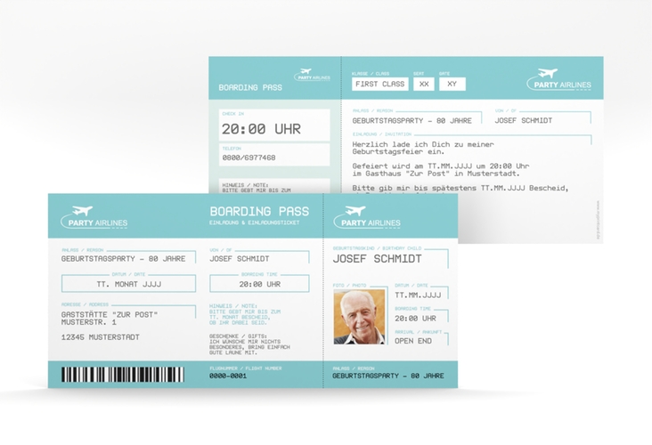 Einladung 80. Geburtstag Boardingpass lange Karte quer