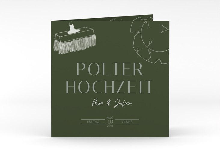 Hochzeitseinladung Polterhochzeit quadr. Klappkarte mit Besen und kaputtem Porzellanteller