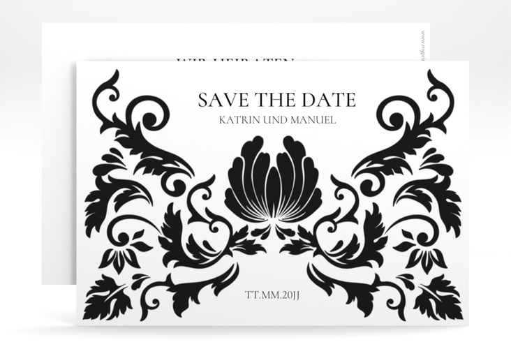 Save the Date-Karte Royal A6 Karte quer weiss mit barockem Blumen-Ornament