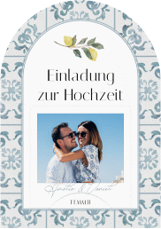 Klick: Details zu Einladung Rundbogen "Azulejo" anzeigen Einladung Rundbogen Azulejo mittlere Bogen-Karte + Foto blau mit mediterranem Azulejo-Muster und Zitronen