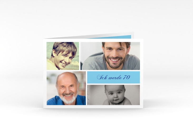 Einladung 70. Geburtstag Bilderserie A6 Klappkarte quer blau mit mehreren Fotos