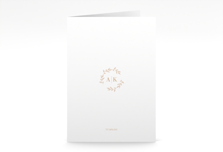 Kirchenheft Hochzeit Filigrana A5 Klappkarte hoch beige in reduziertem Design mit Initialen und zartem Blätterkranz
