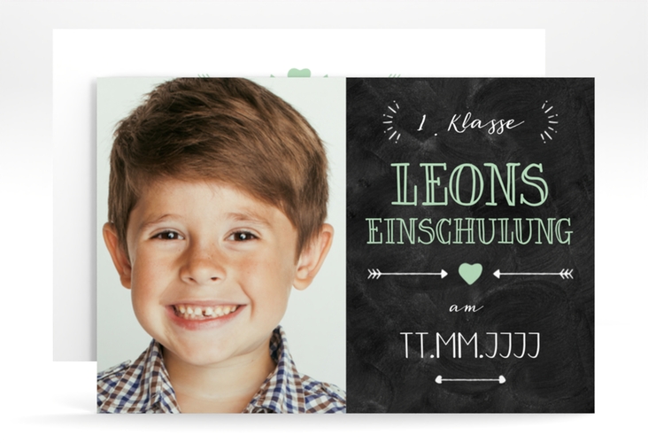 Einschulungskarte Buchstabenparty A6 Karte quer tuerkis hochglanz zum 1. Geburtstag in Schiefertafel-Optik mit Foto