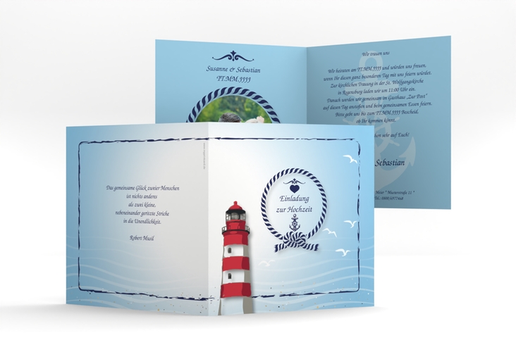 Hochzeitseinladung Sylt quadr. Klappkarte blau mit Leuchtturm