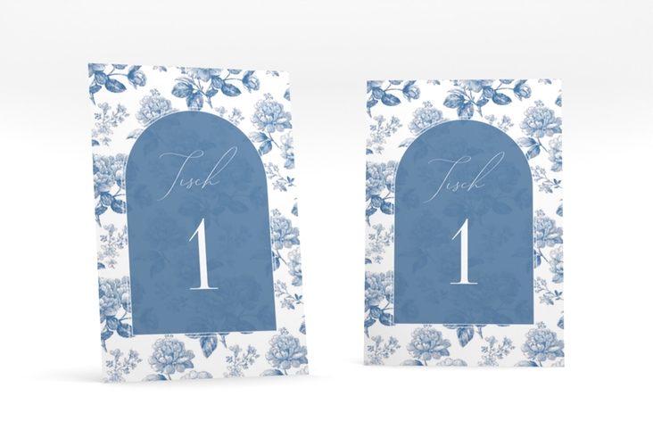 Tischnummer Hochzeit Blue Floral Tischaufsteller blau mit blauem Blumenmuster auf weißem Grund