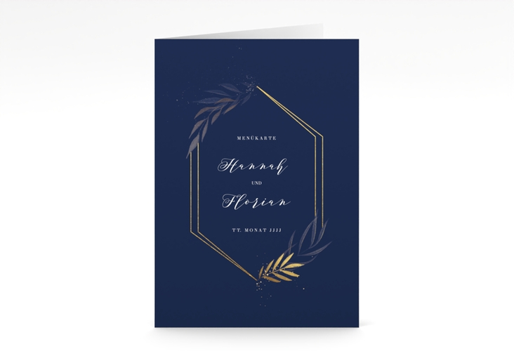 Menükarte Hochzeit Eleganza A5 Klappkarte hoch blau