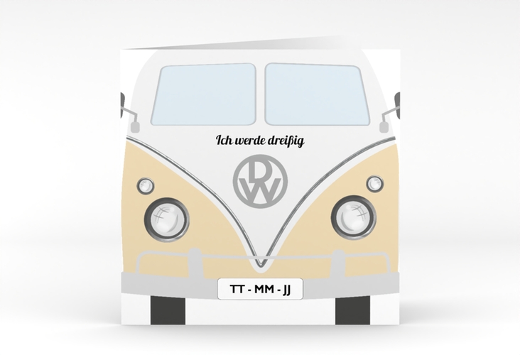 Einladung 30. Geburtstag Bulli Bus quadr. Klappkarte beige