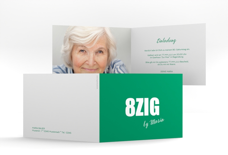 Einladung 80. Geburtstag Zig A6 Klappkarte quer gruen