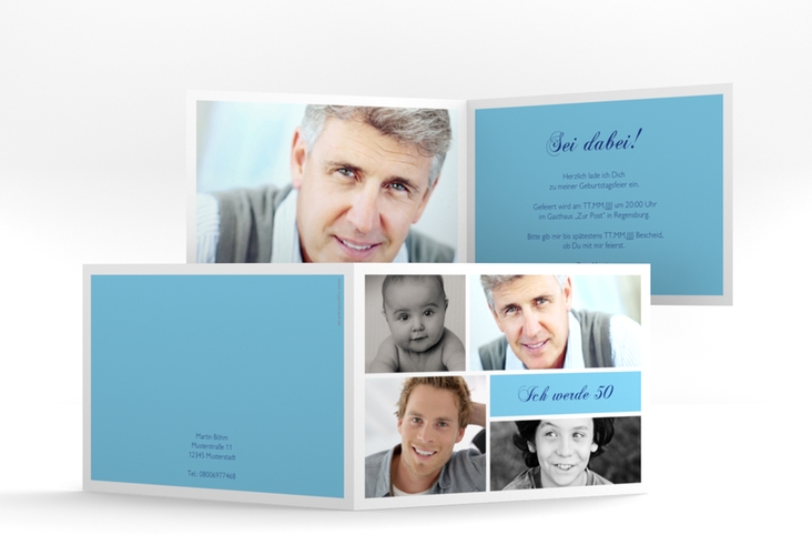 Einladung 50. Geburtstag Bilderserie A6 Klappkarte quer blau mit mehreren Fotos