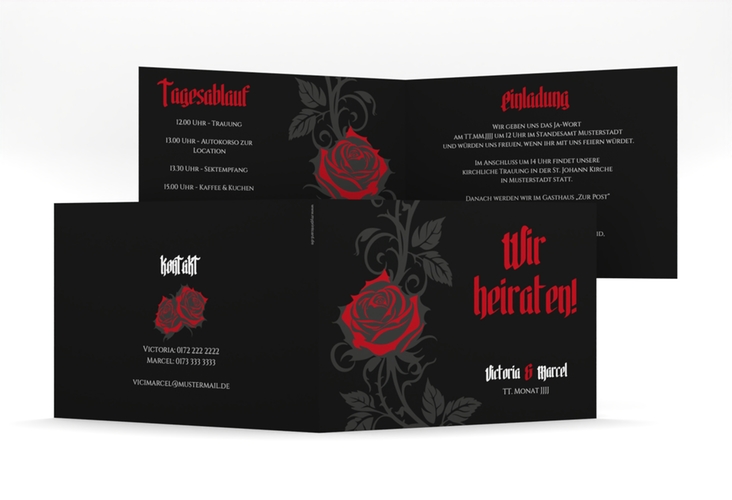 Hochzeitseinladung Red Rose mittlere Klappkarte quer schwarz