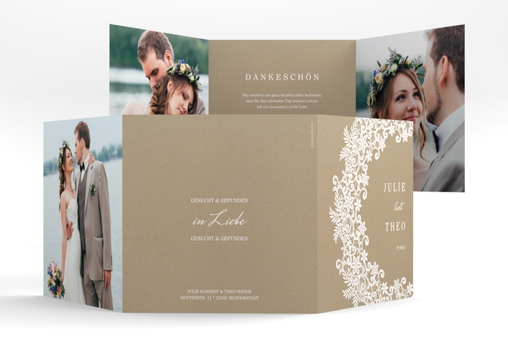 Dankeskarte Hochzeit Mariage quadr. Doppel-Klappkarte Kraftpapier mit Bogen aus weißer Spitze