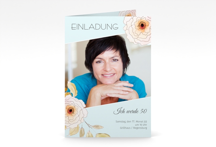 Einladung 50. Geburtstag Fleur A6 Klappkarte hoch tuerkis