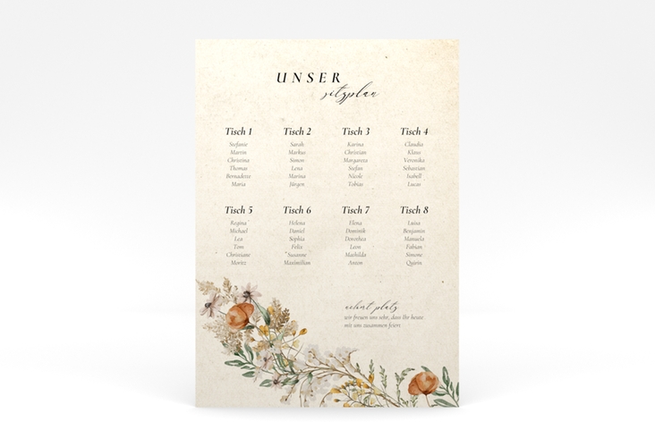 Sitzplan Poster Hochzeit Wildfang 50 x 70 cm Poster beige mit getrockneten Wiesenblumen