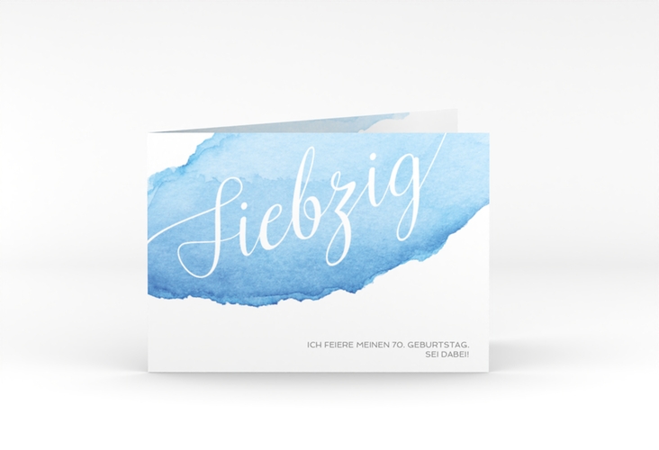 Einladung 70. Geburtstag Aquarell A6 Klappkarte quer blau