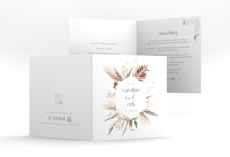 Hochzeitseinladung Bohemian quadr. Klappkarte weiss im Boho-Style mit Pampasgras