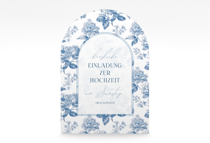 Einladungskarte Hochzeit Blue Floral A6 Bogen-Klappkarte + Foto weiss mit blauem Blumenmuster auf weißem Grund