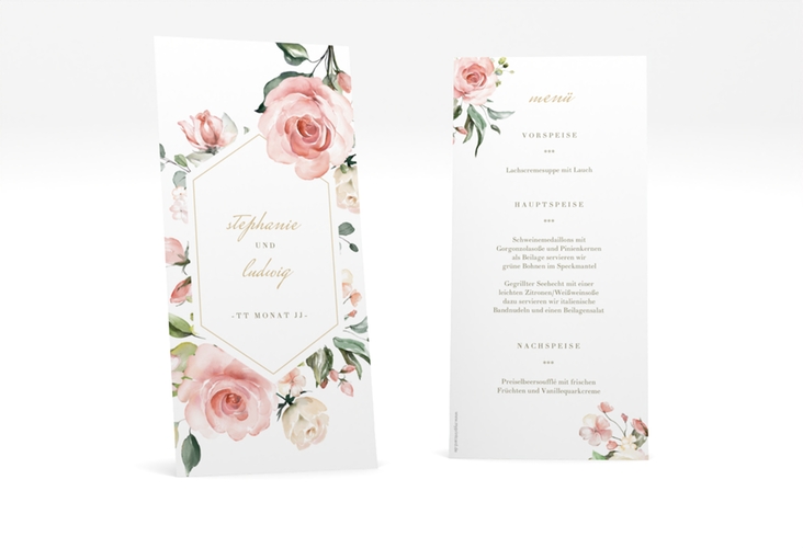 Menükarte Hochzeit Graceful lange Karte hoch weiss mit Rosenblüten in Rosa und Weiß
