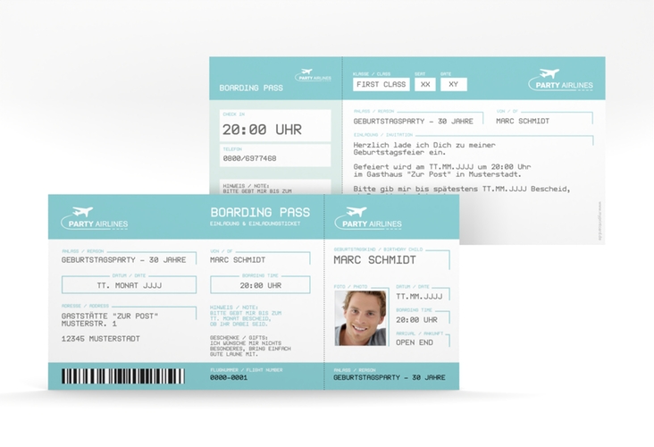 Einladung 30. Geburtstag Boardingpass lange Karte quer im Flugticket-Design