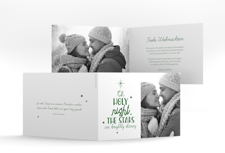 Weihnachtskarte Winterhimmel A6 Klappkarte quer gruen hochglanz mit Handlettering-Text und Foto