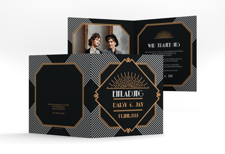Hochzeitseinladung Gatsby quadr. Klappkarte schwarz hochglanz im 20er-Jahre-Stil