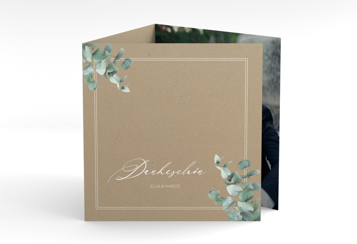 Dankeskarte Hochzeit Eucalypt quadr. Doppel-Klappkarte Kraftpapier mit Eukalyptus und edlem Rahmen