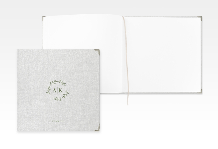 Gästebuch Selection Hochzeit Filigrana Leinen-Hardcover gruen in reduziertem Design mit Initialen und zartem Blätterkranz