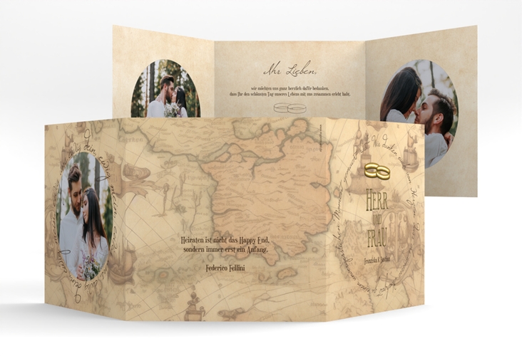 Dankeskarte Hochzeit Zwei Ringe quadr. Doppel-Klappkarte mit Eheringen und Fantasy-Landkarte