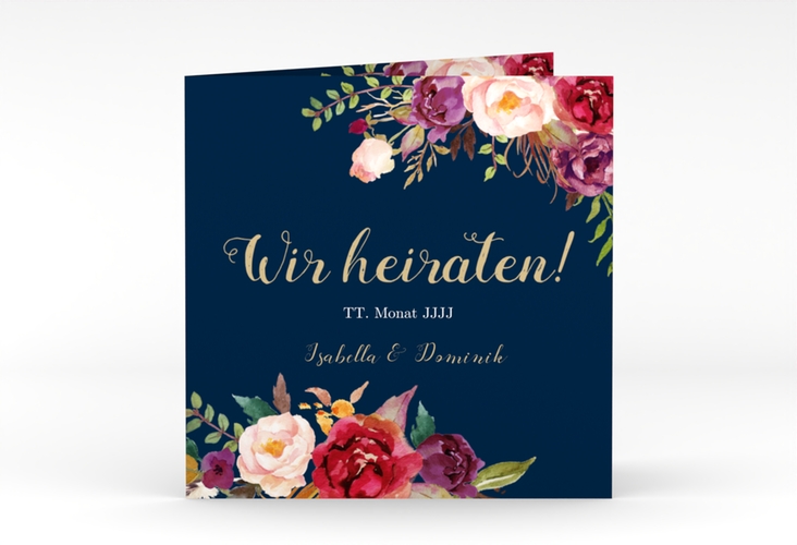Hochzeitseinladung Flowers quadr. Klappkarte blau hochglanz mit bunten Aquarell-Blumen