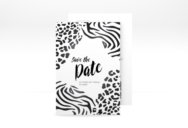 Save the Date-Postkarte Geburtstag Wild A6 Postkarte hochglanz mit Animal Prints von Zebra und Leopard