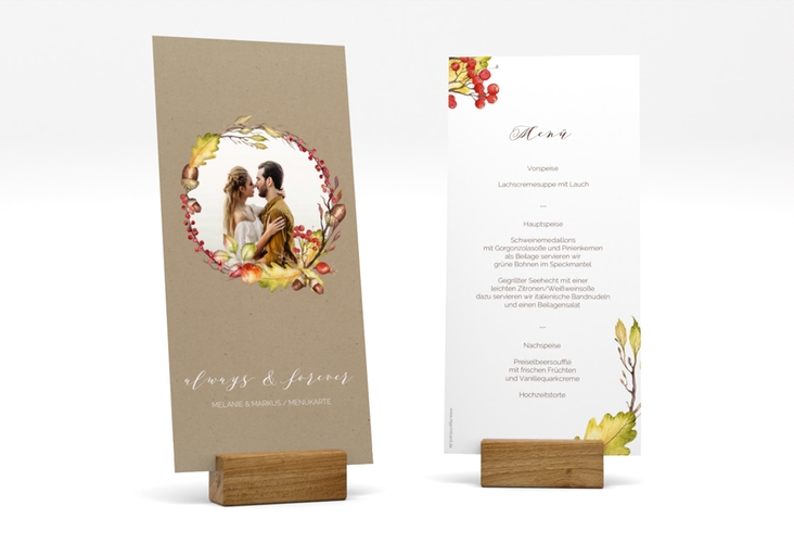 Menükarte Hochzeit Herbstlich lange Karte hoch Kraftpapier hochglanz