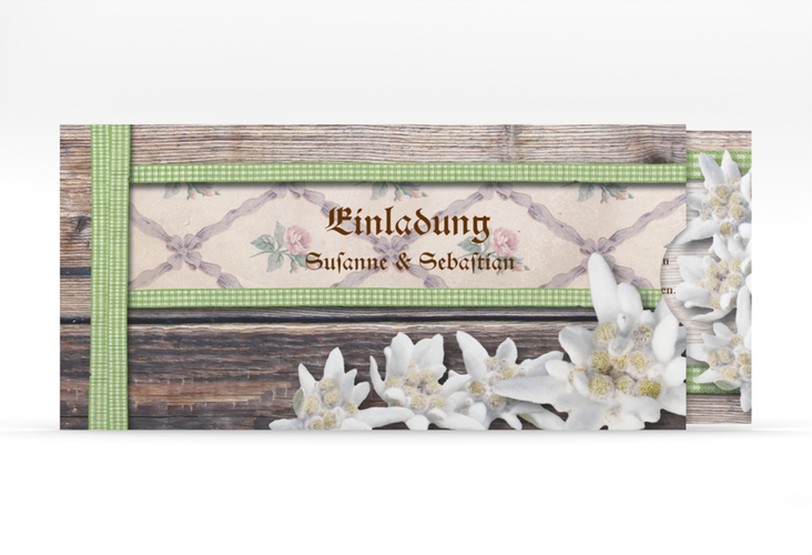 Einladungskarte Hochzeit Bayern Einsteckkarte gruen hochglanz mit Edelweiß in rustikaler Holz-Optik
