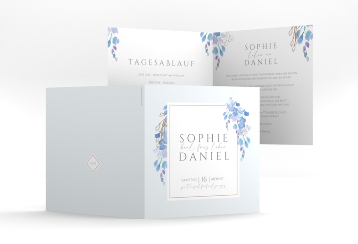 Hochzeitseinladung Blauregen quadr. Klappkarte mit Wisteria-Blüten