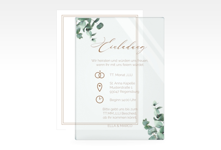 Acryl-Hochzeitseinladung Eucalypt Acrylkarte + Deckblatt hoch hochglanz mit Eukalyptus und edlem Rahmen