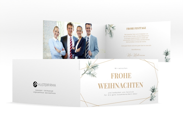 Geschäftliche Weihnachtskarte Edeltanne lange Klappkarte quer mit Tannenzweigen und edlem Goldrahmen