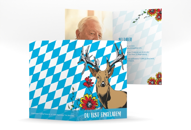Einladung 80. Geburtstag Platzhirsch A6 Klappkarte hoch blau